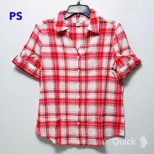 New Croft & Barrow Plaid Roll Cuff Sleeve Top